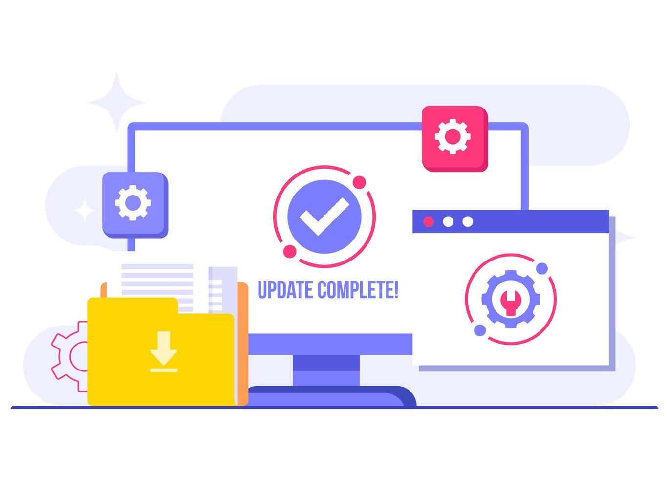 Software update process is completed, System maintenance flat illustration, Error, Fixing trouble, Device updating, Software system under maintenance vector
