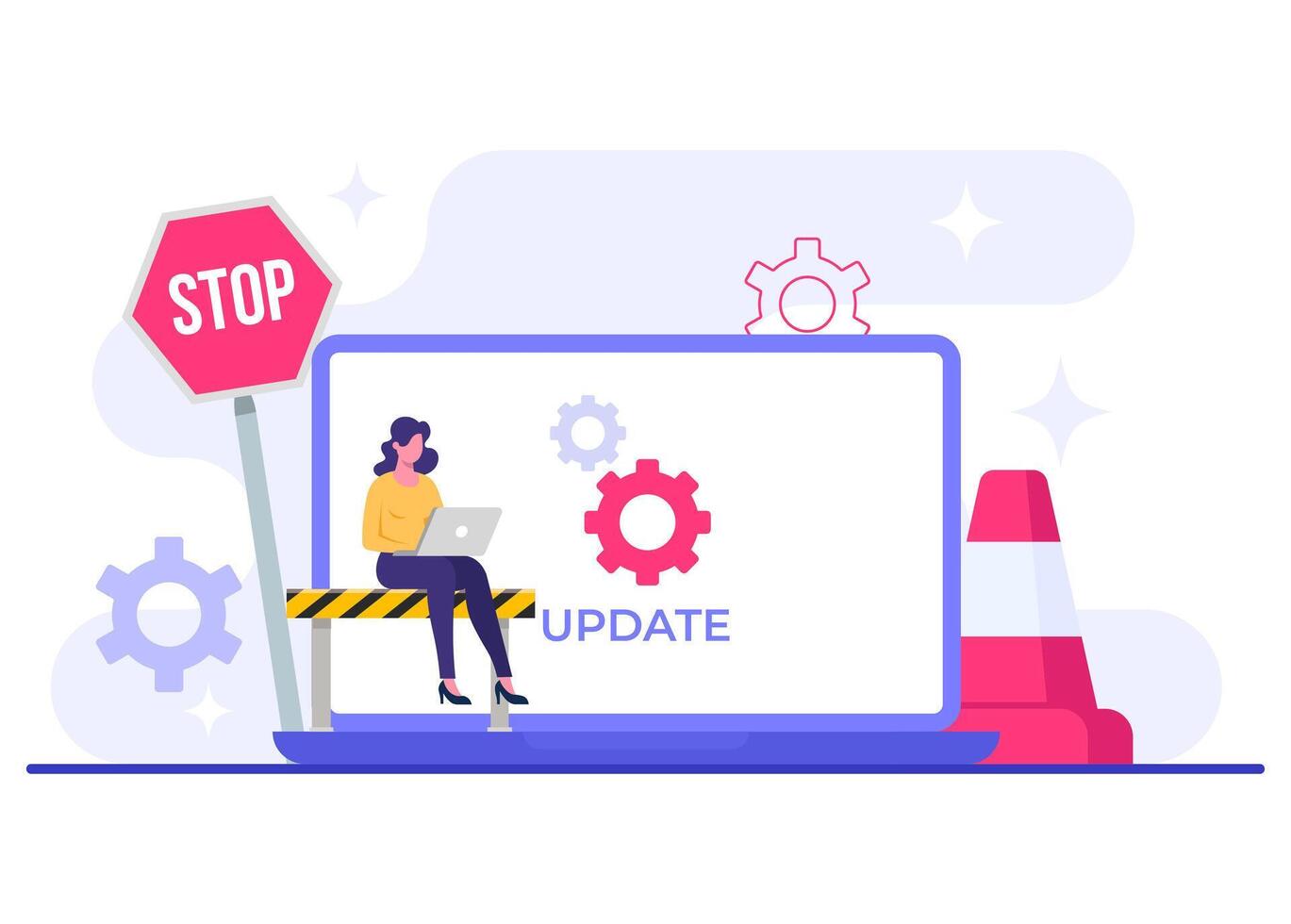 Woman updating operating system of the laptop, System maintenance, update process, install software, operating system vector