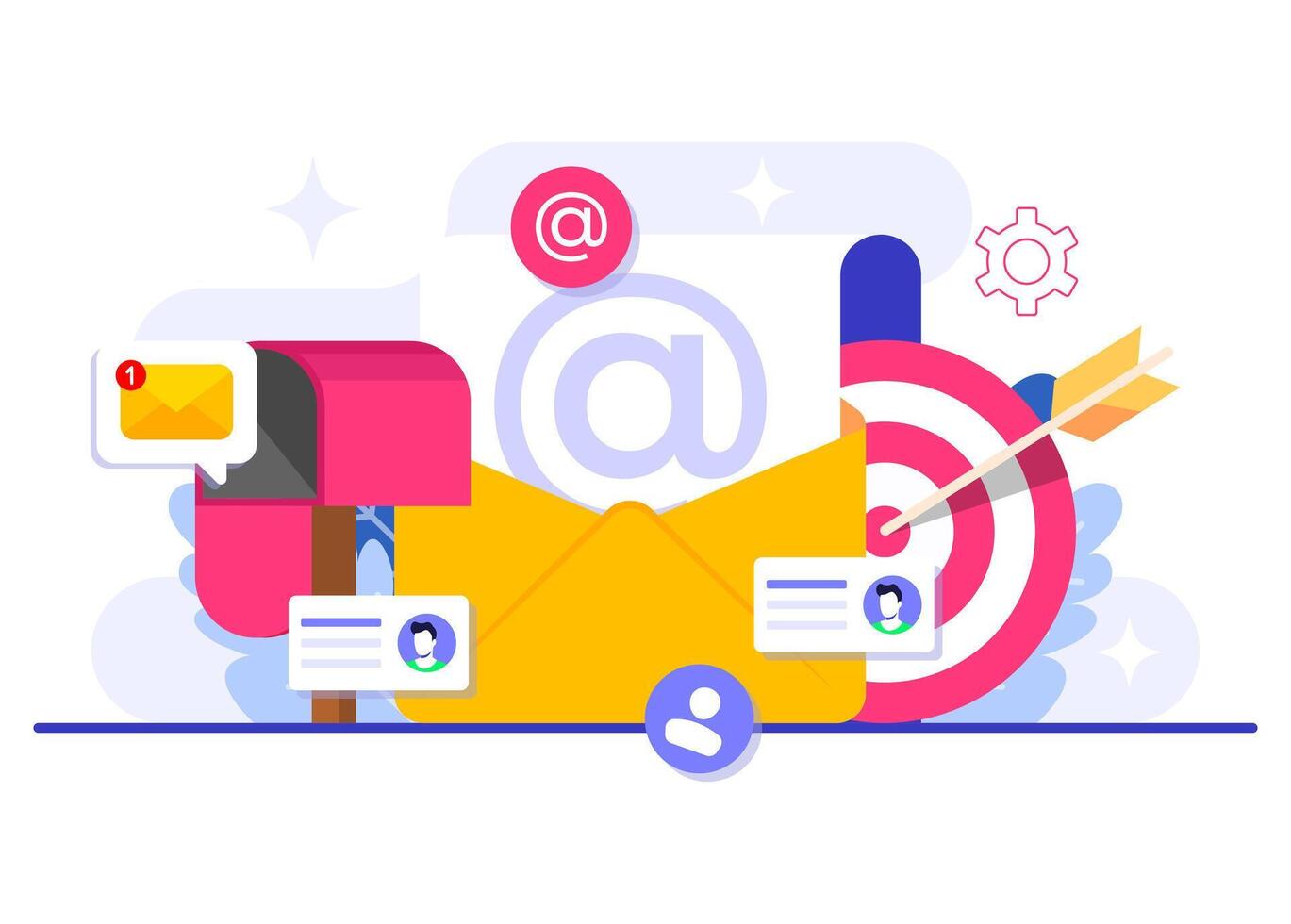 Reaching the target audience through email marketing flat illustration, Online business strategy, Advertising, Email newsletter, messaging vector