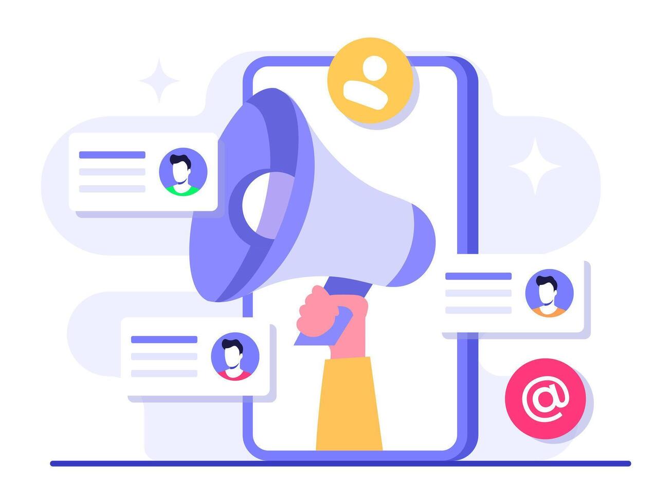 Marketing outreach via email flat illustration, Email marketing concept, Online business strategy, Advertising, Email newsletter, messaging vector