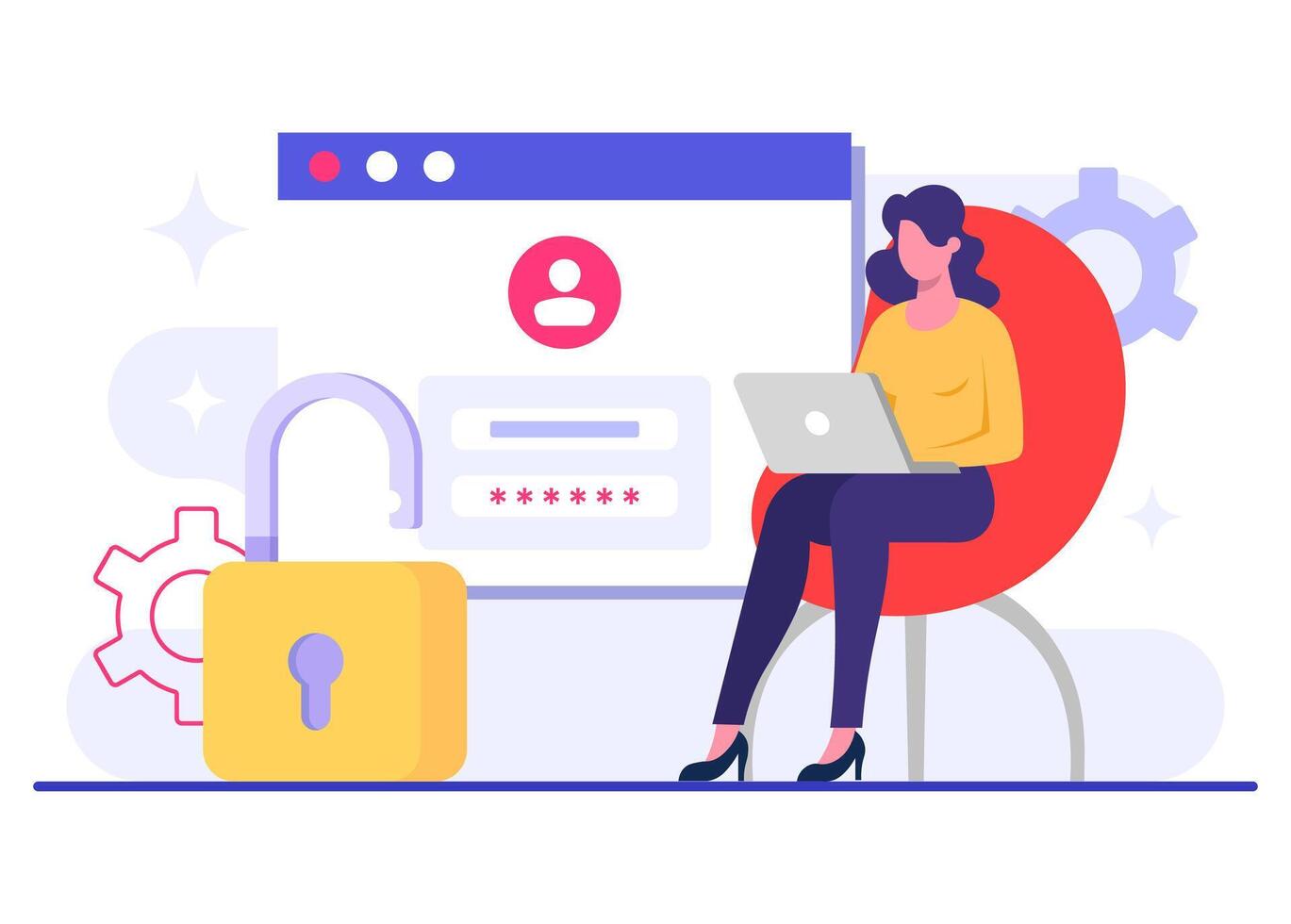 Woman login to devices securely flat illustration, Password secure access, Internet security, information privacy, Data protection, Cyber security, Account protection vector
