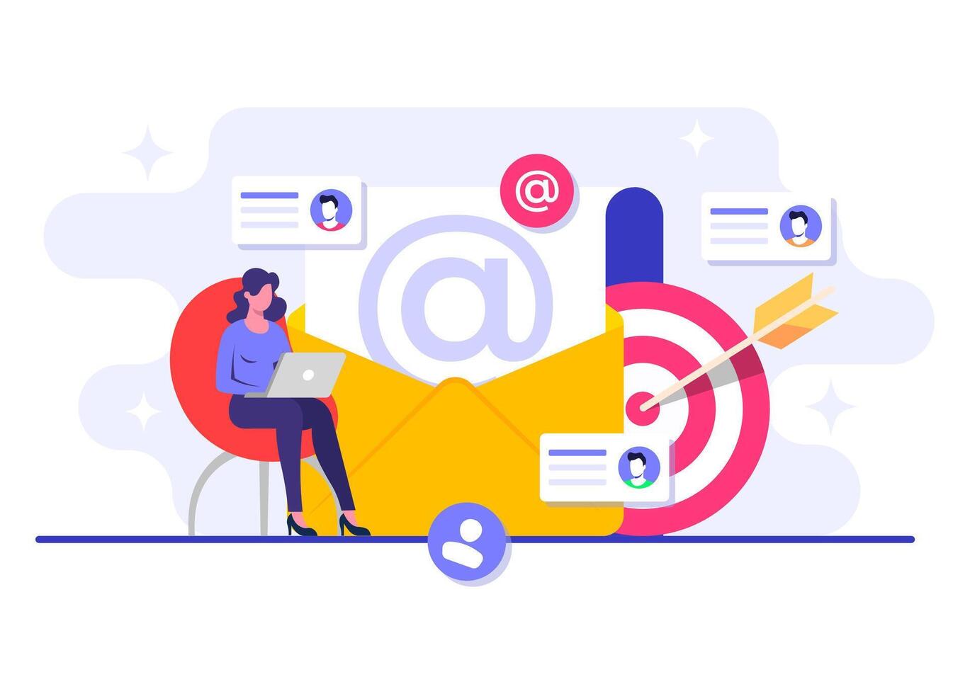 Targeting the audience using email communication flat illustration, Online business strategy, Advertising, Email newsletter, messaging vector
