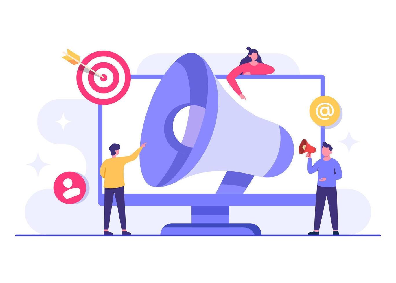 Megaphone on computer screen, Join our team, Group of people with giant megaphone, We are hiring concept flat illustration vector