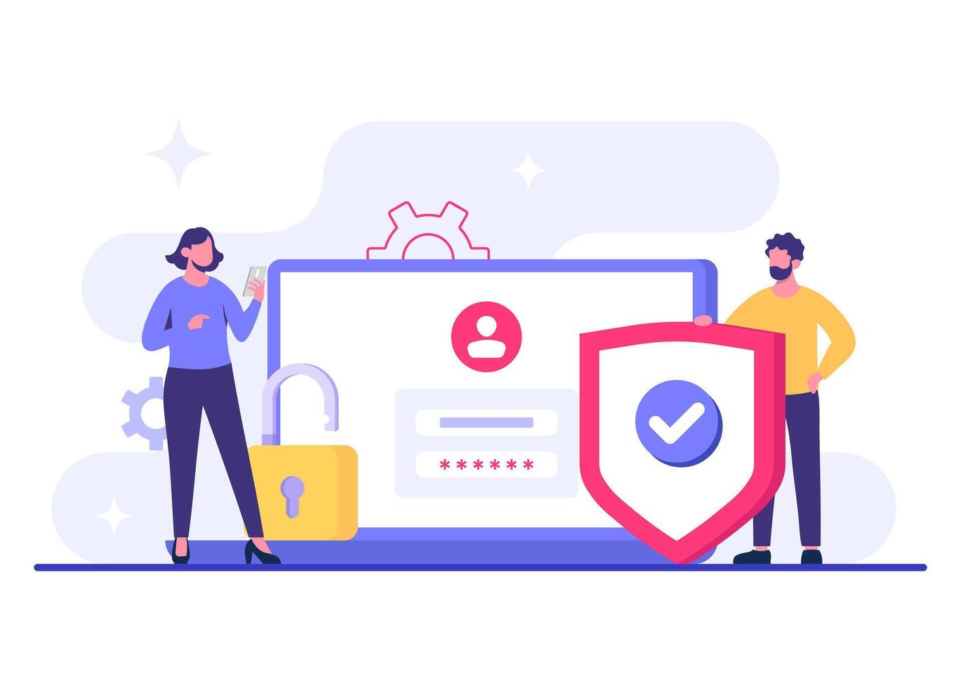 People enter password to access their devices securely, Data protection, Cyber security, Internet security, information privacy, Account protection flat illustration vector