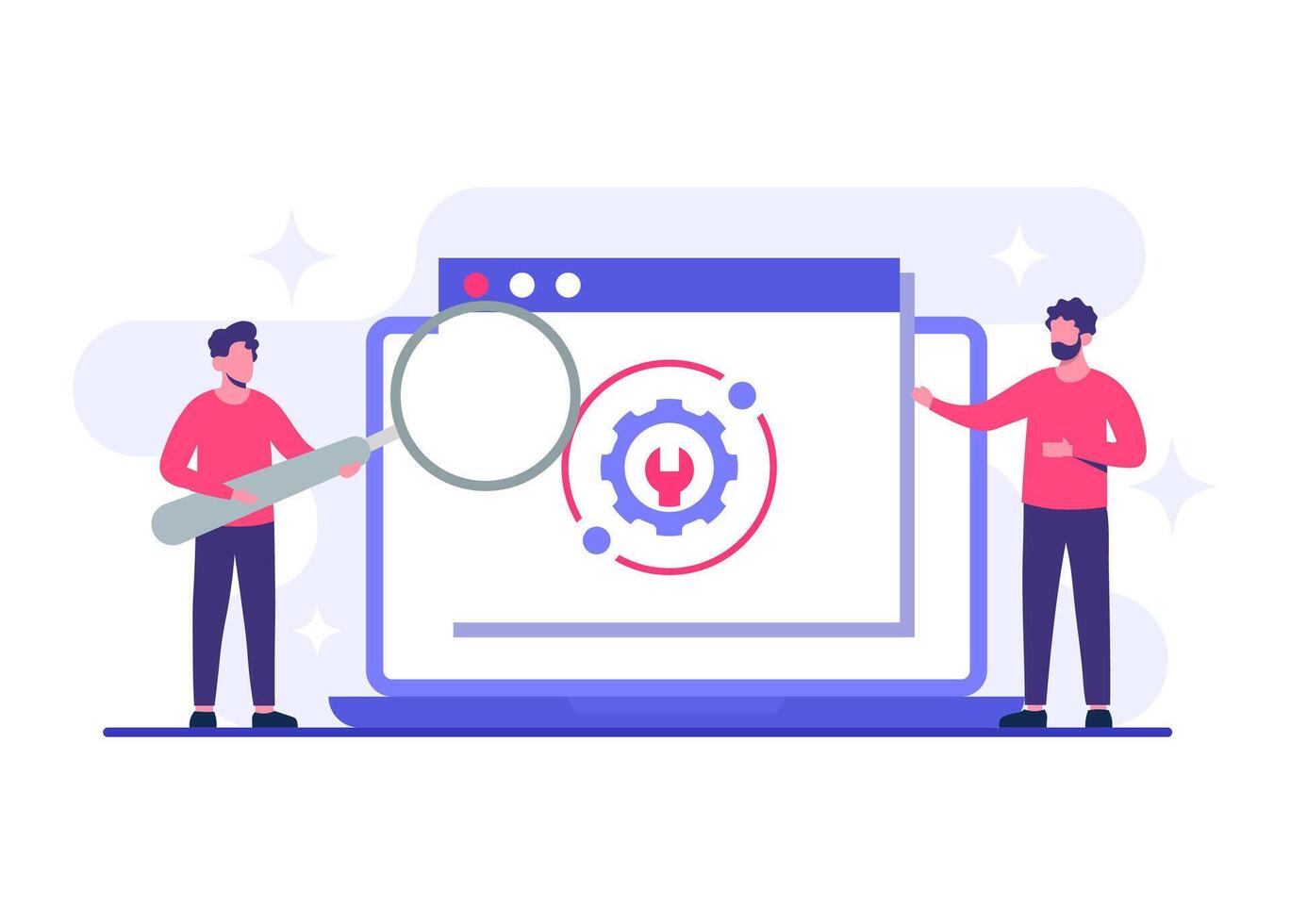 Users perform device updates for improved functionality, System maintenance flat illustration, Error, Fixing trouble, Software system under maintenance, Software upgrade process on devices vector