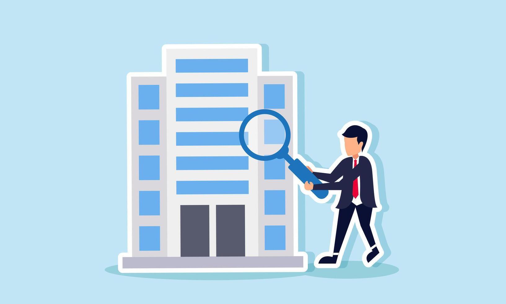 A businessman observes a company building using a magnifying glass, illustration of analyzing business company performance vector