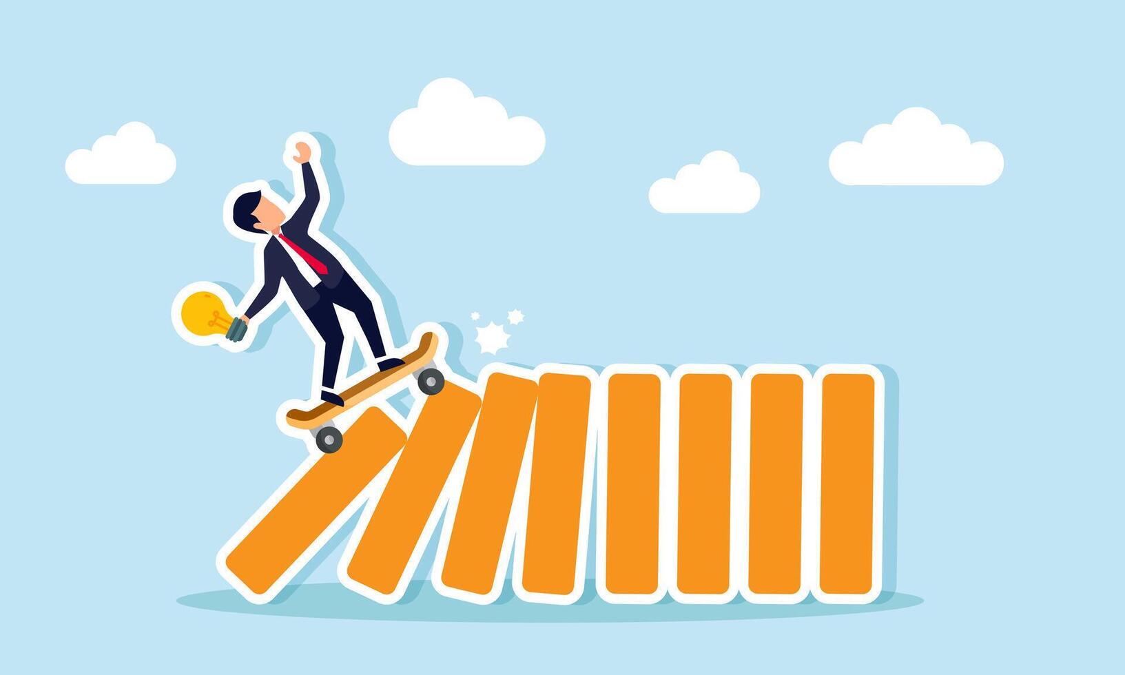 A businessman carrying a lamp rides a skateboard crashing into a row of blocks, illustration of tackling business problems by applying business ideas and innovations vector