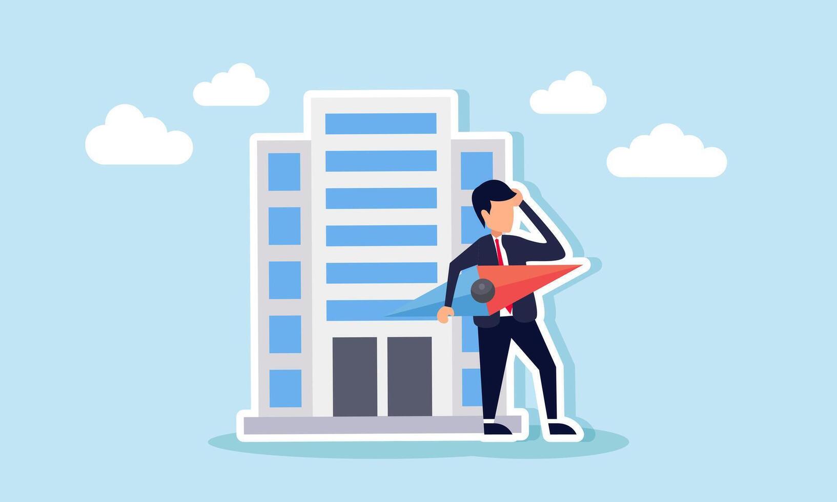 A businessman holding a compass needle stands beside office buildings, illustration of confusion in determining company business policy direction vector