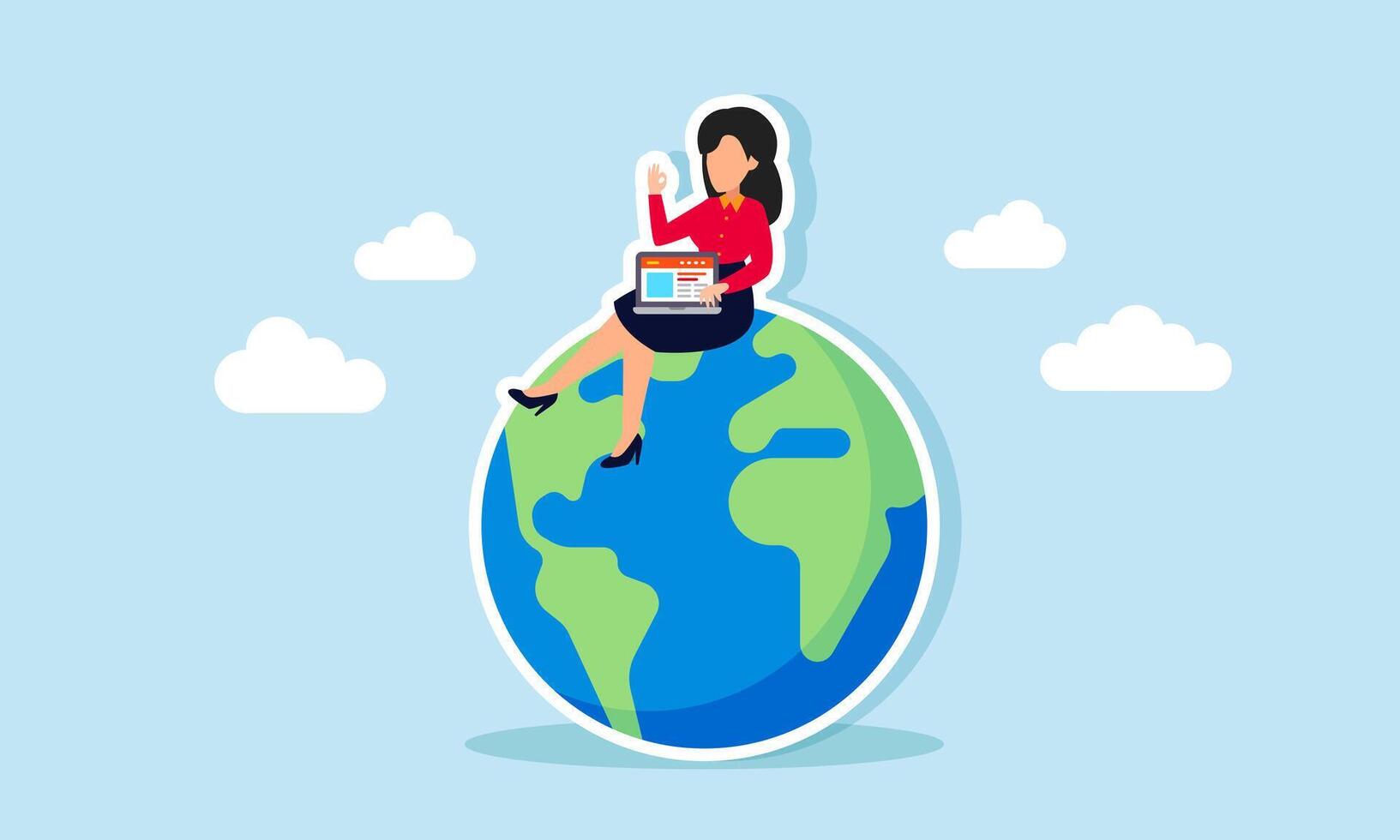 A businesswoman sits on a globe, working on a laptop, illustration of conducting research to make a business go international and global vector