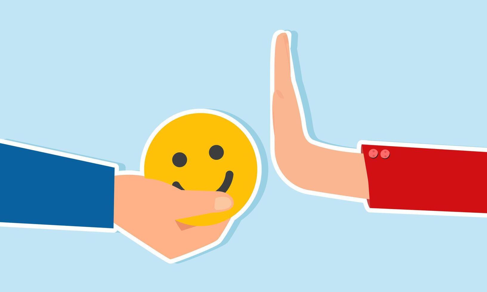 A hand offers a smiling or happy emoticon and is rejected by another hand, illustration of refusing to be easily satisfied with high market attention and engagement vector