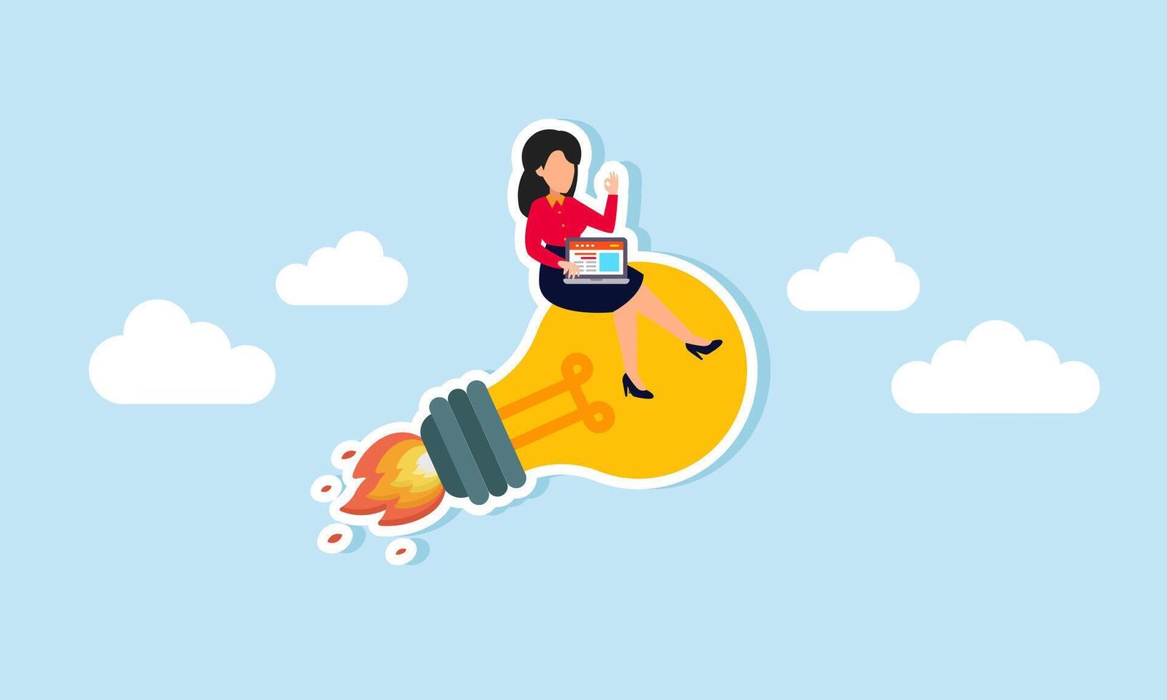 A businesswoman holding a laptop sits on a rocket-shaped lamp flying into the sky, illustration of designing and analyzing the right business ideas and innovations vector