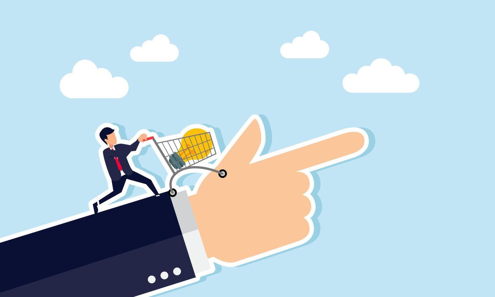 A businessman pushes a cart with a lit lamp on a hand pointing in a direction, illustration of guidelines for designing a business idea and innovation vector