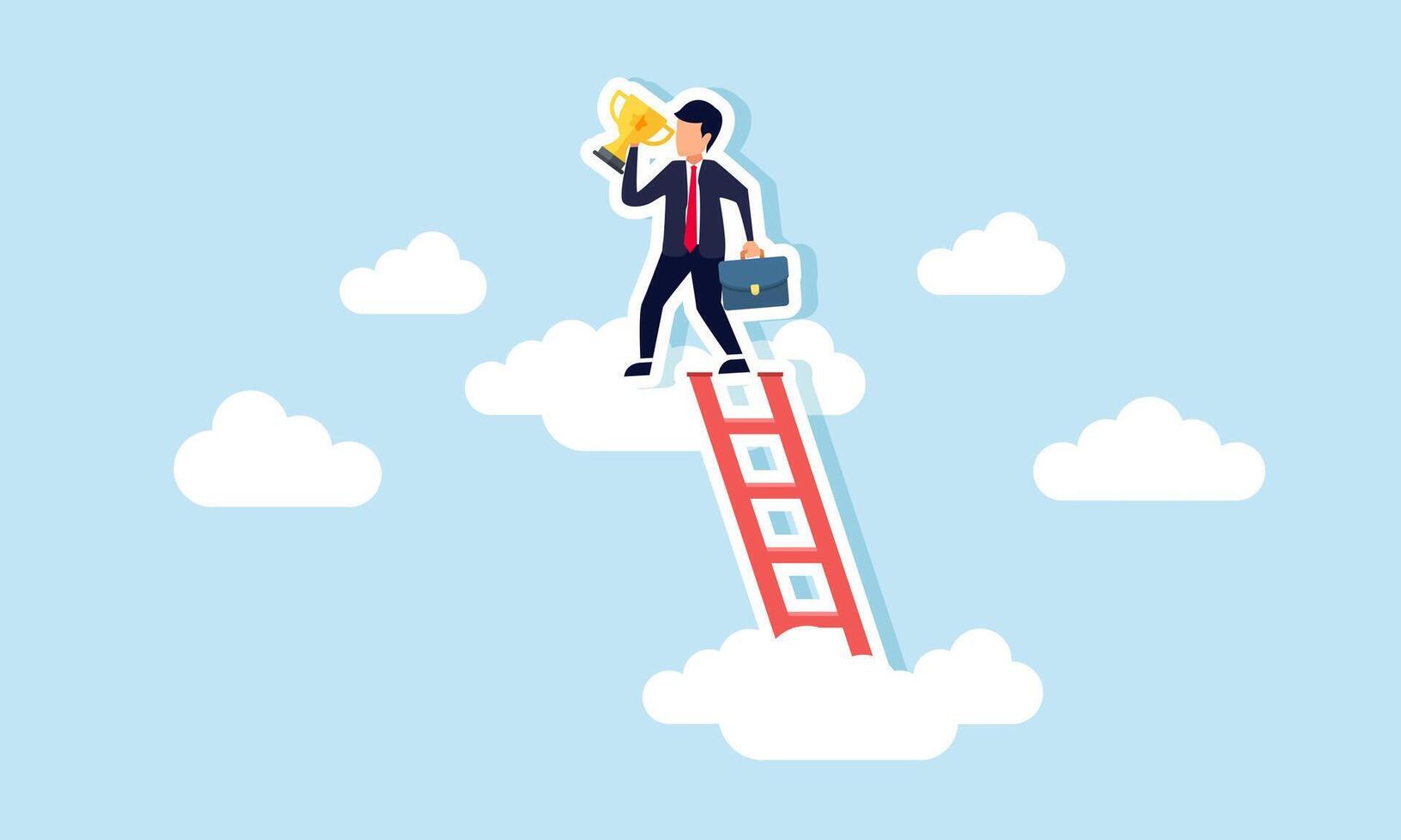 A businessman holding a trophy reaches a higher cloud by climbing a ladder, illustration of efforts in achieving business awards and accomplishments vector