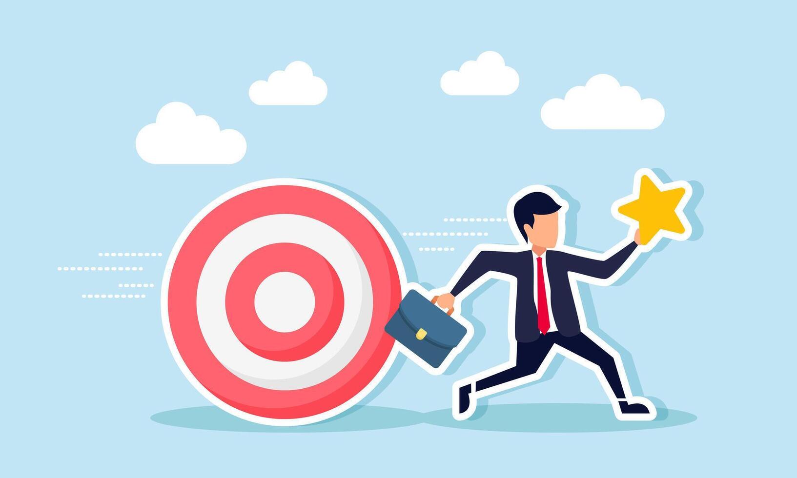 A businessman carrying a star runs while chased by a rolling target board, illustration of being pursued by targets in designing a strategy to improve business quality ratings vector
