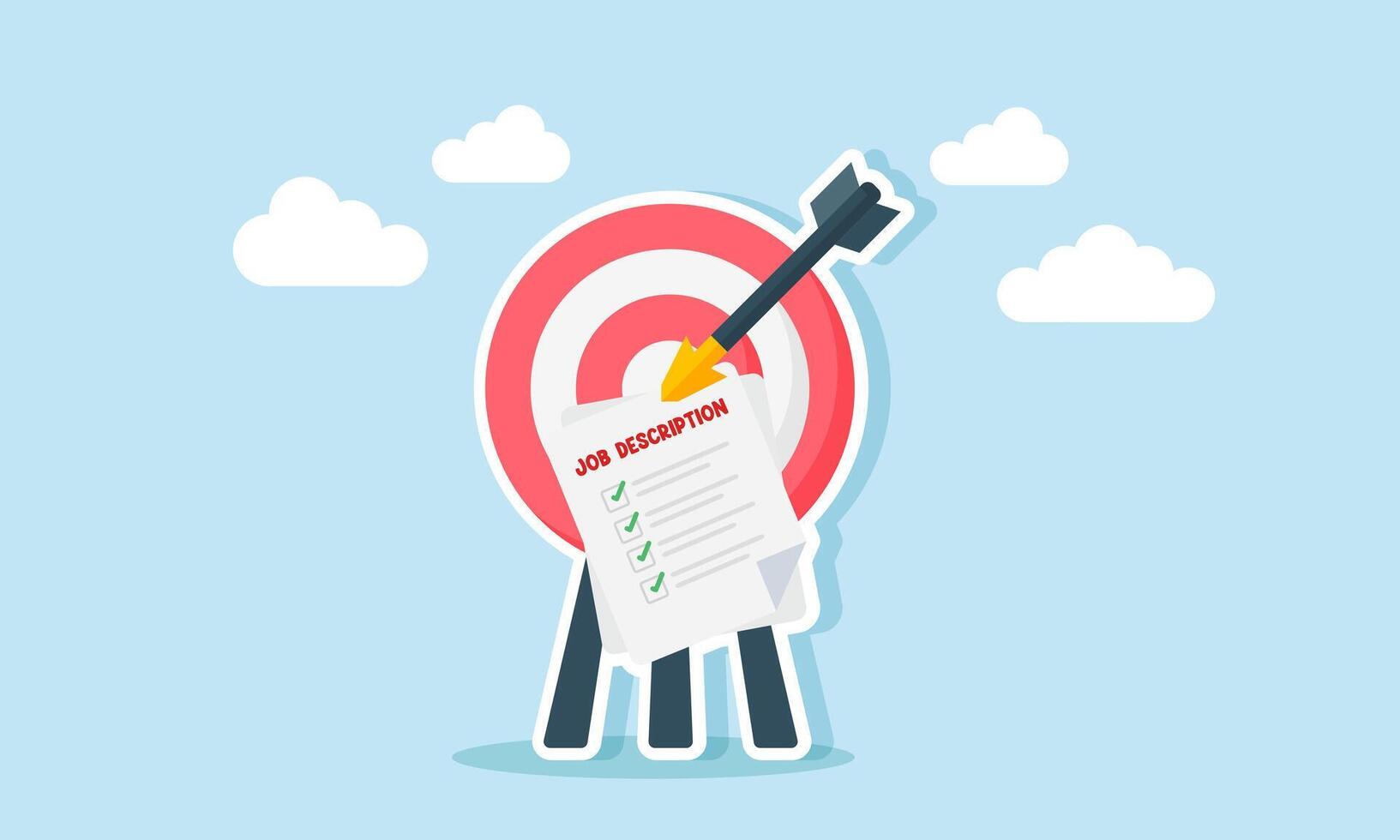 An arrow sticks to a target board with a job description paper, illustration of targeting business steps to complete business tasks vector