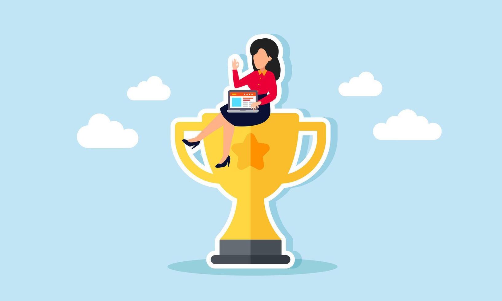 A businesswoman sits on a trophy and works on a laptop, illustration of conducting research to become the best business in her field and class vector