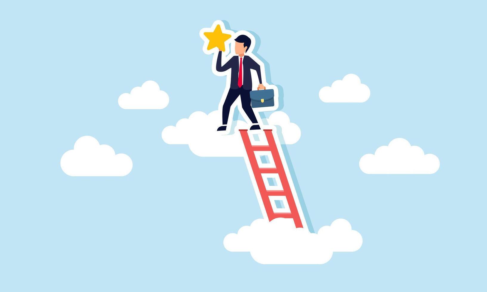 A businessman holding a star reaches a higher cloud by climbing a ladder, illustration of efforts to achieve high business ratings and quality vector