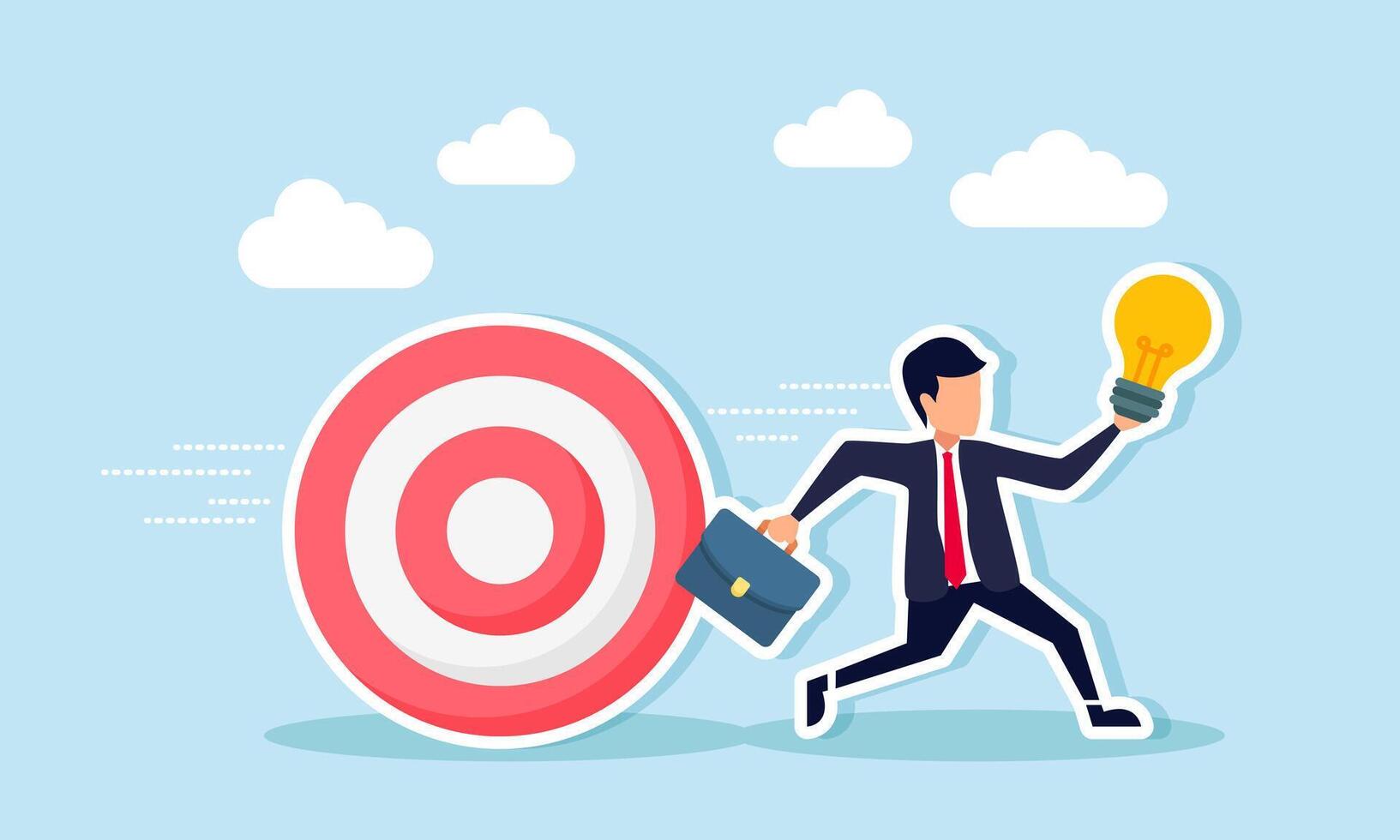 A businessman carrying a lamp runs while chased by a rolling target board, illustration of being pursued by targets in designing a relevant business idea and innovation vector