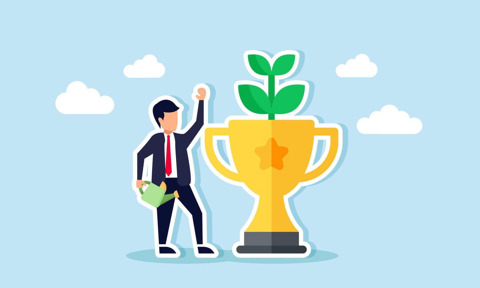 A businessman holds a watering can and stands beside a trophy growing plants, illustration of nurturing business commitment that makes a business the best with an eco-green focus vector