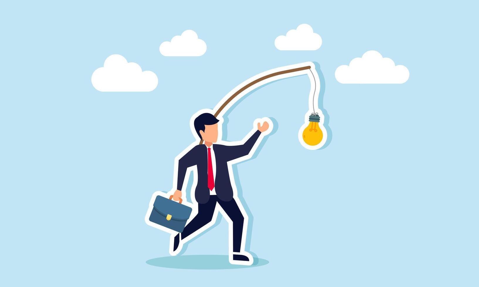A businessman tries to catch a lightbulb hanging from a rope tied to a wooden plank attached to his body, illustration of efforts to gain ideas and innovations vector
