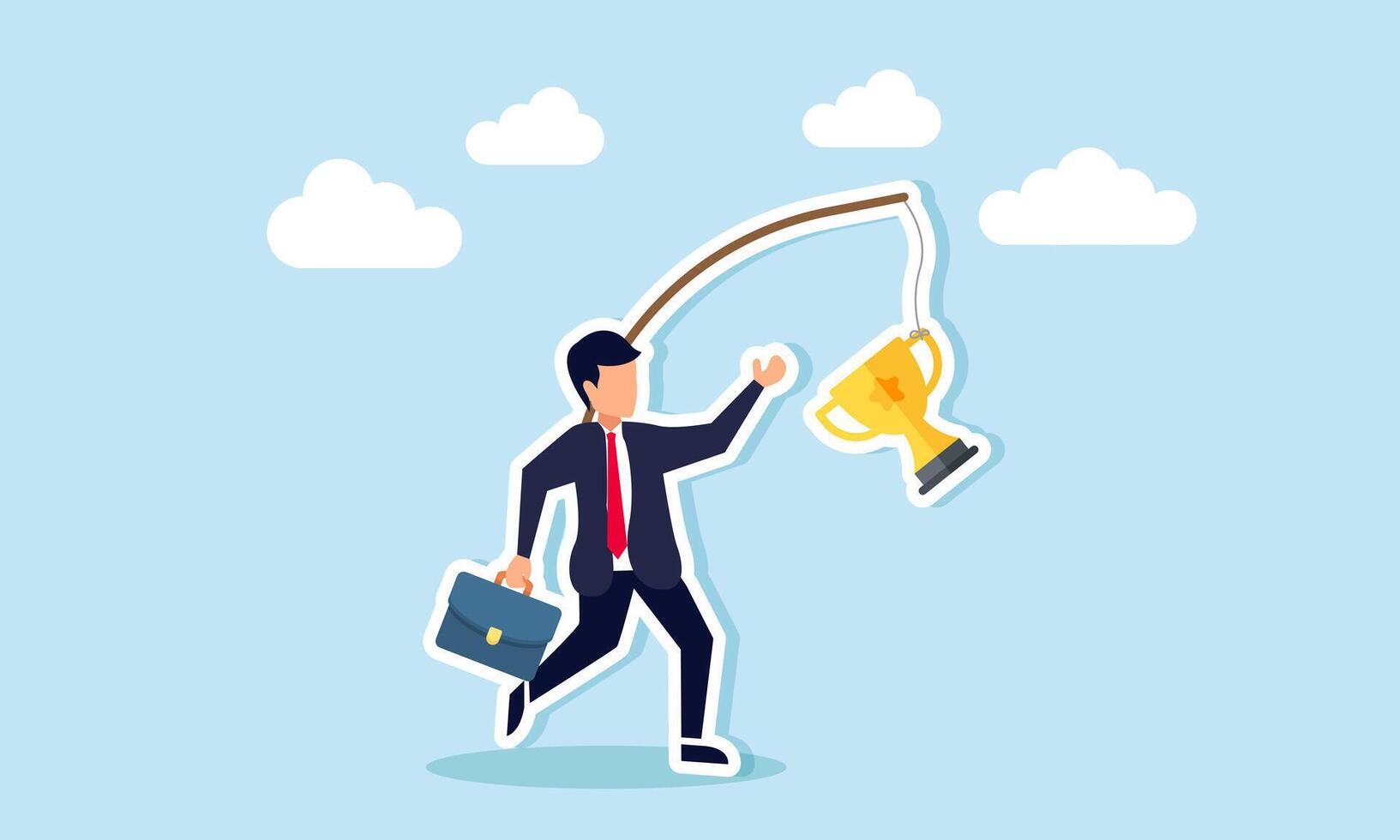 A businessman tries to catch a trophy hanging from a rope tied to a wooden plank attached to his body, illustration of efforts to get achievement and business success vector