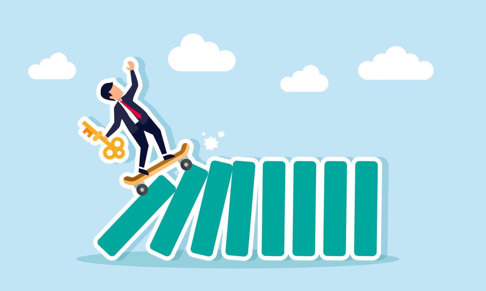 A businessman carrying a key rides a skateboard crashing into a row of blocks, illustration of solving business problems with the right solutions vector