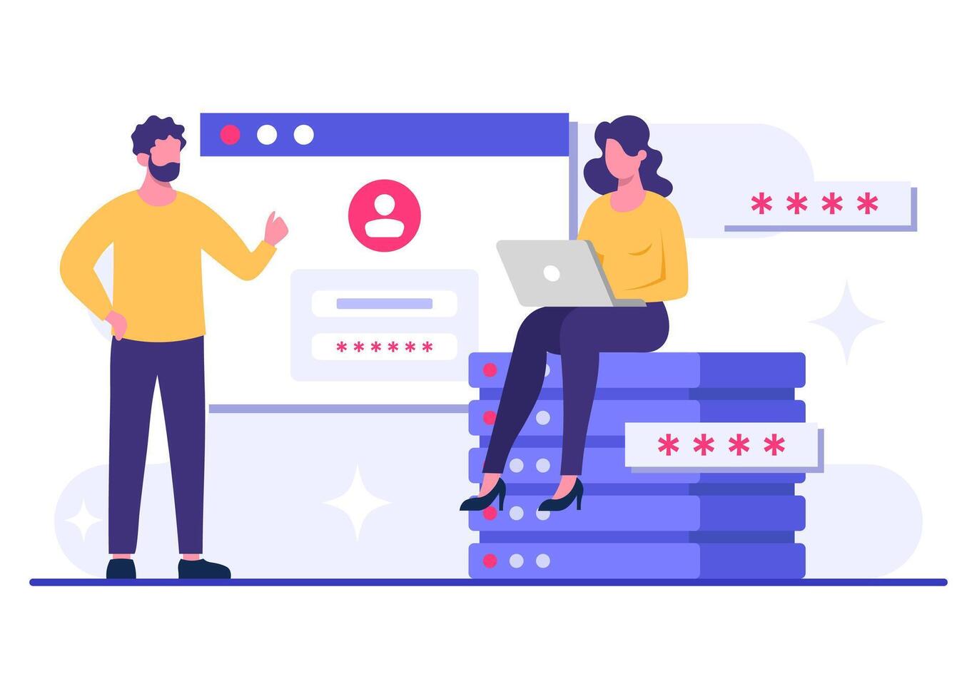 People protecting database, Cyber security, Data Center, cloud storage, File management, Privacy data protection flat illustration for landing page, mobile app, poster, flyer, web banner, infographic vector