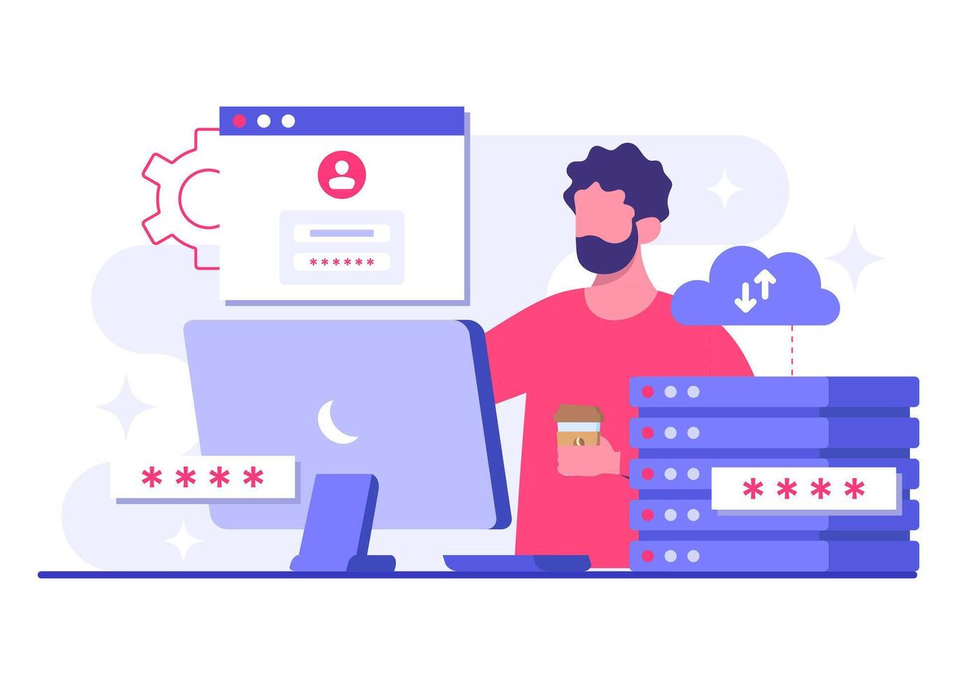 Engineer secures data centers through advanced cybersecurity practices, Database protection, Cyber security, File management, cloud storage, Privacy data protection vector