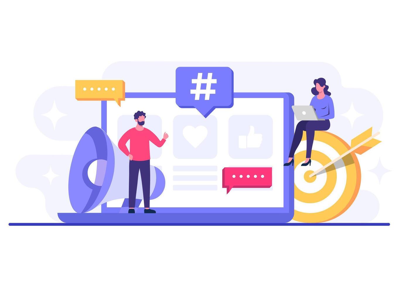People running marketing campaigns on social media platforms, Social media marketing concept flat illustration, Digital marketing online connection vector