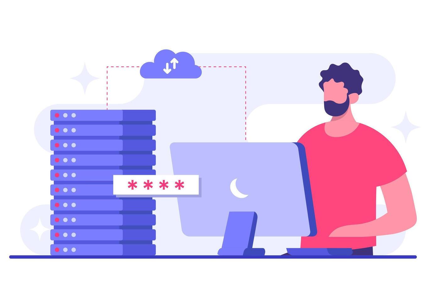 Software engineer working with cloud computing and database protection, Data backup, Online cloud storage, Synchronize data, Secure file sharing, Upload and download files in the cloud server, vector