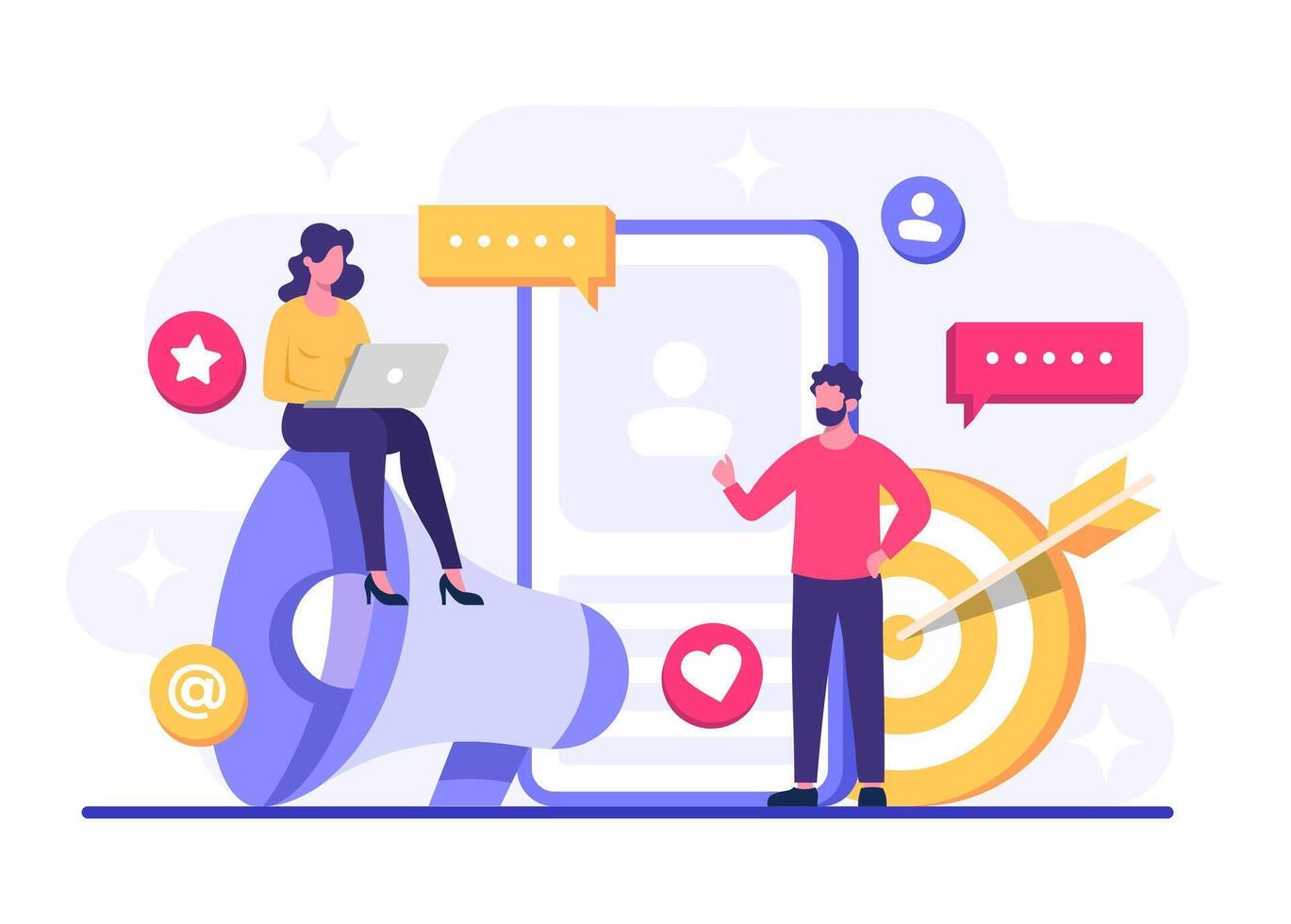 People executing social media marketing strategies, Digital marketing concept flat illustration, online connection vector