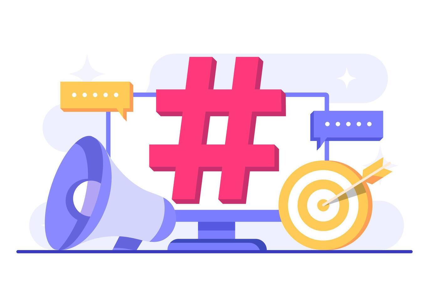Social media marketing concept flat illustration, Big hashtag on computer screen, business content strategy, Hashtag marketing, Digital AD campaign, online promotion, E-commerce vector