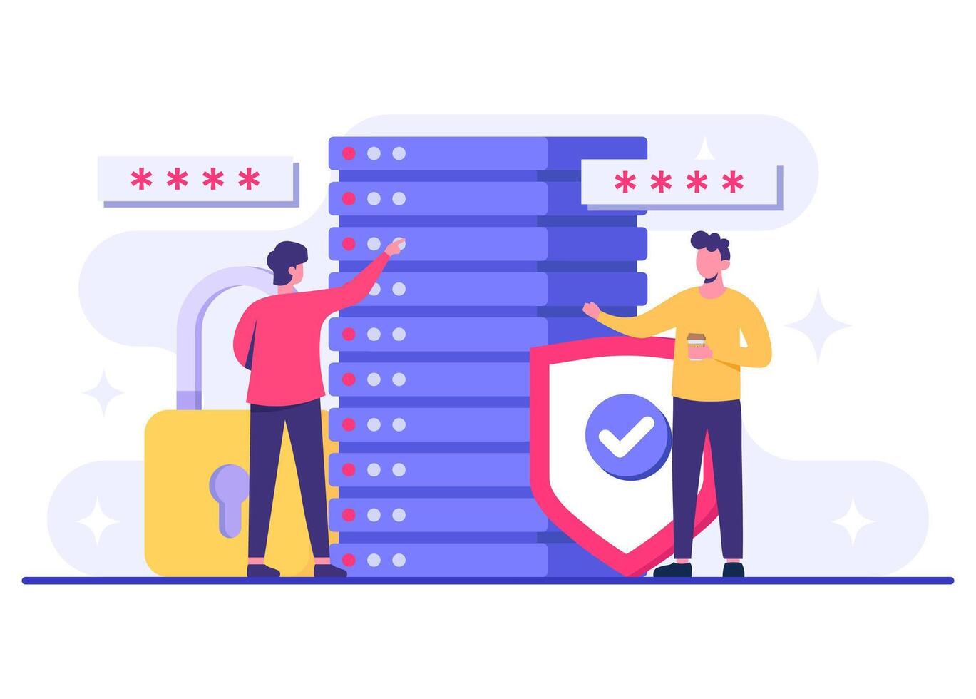 Database protection, Cyber security, Data Center, File management, cloud storage, Cloud computing flat illustration vector