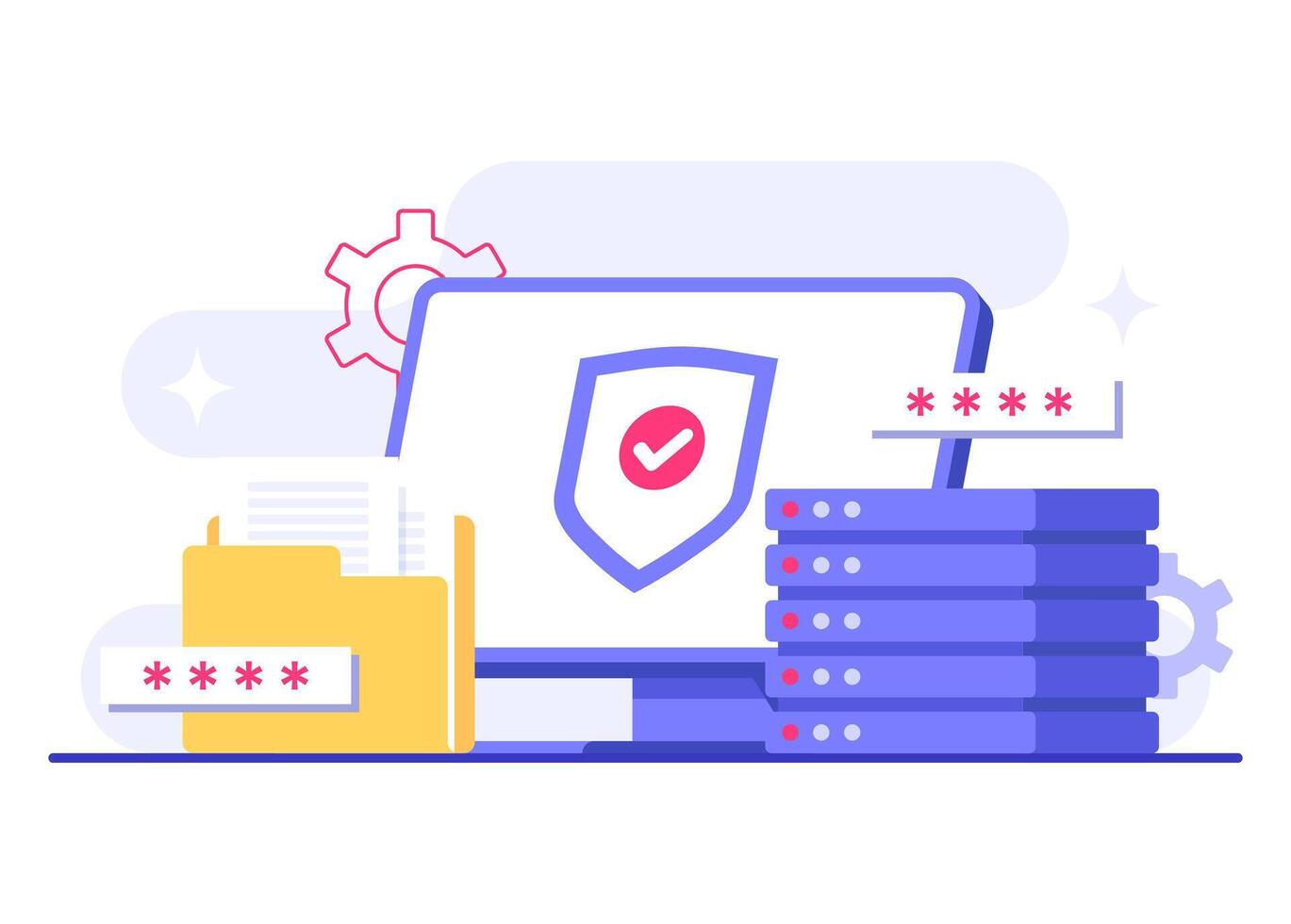 Defense against unauthorized access to digital systems, Database protection, Cyber security, Data Center, File management, cloud storage, Privacy data protection flat illustration vector