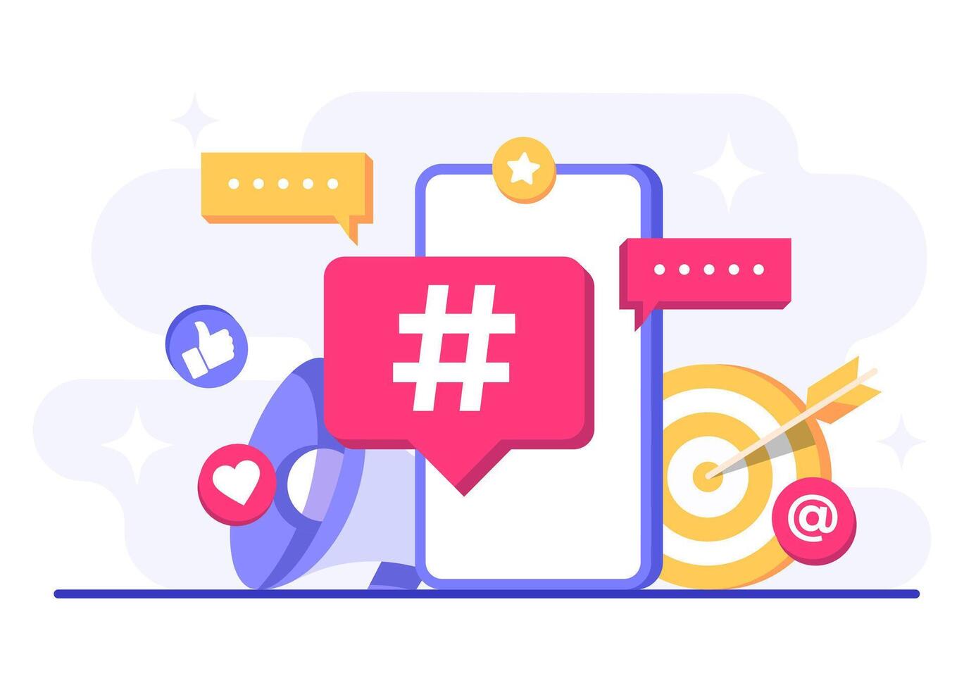 Social media campaigns utilizing hashtags, Digital marketing concept flat illustration, business content strategy, Digital AD campaign, online promotion, E-commerce vector