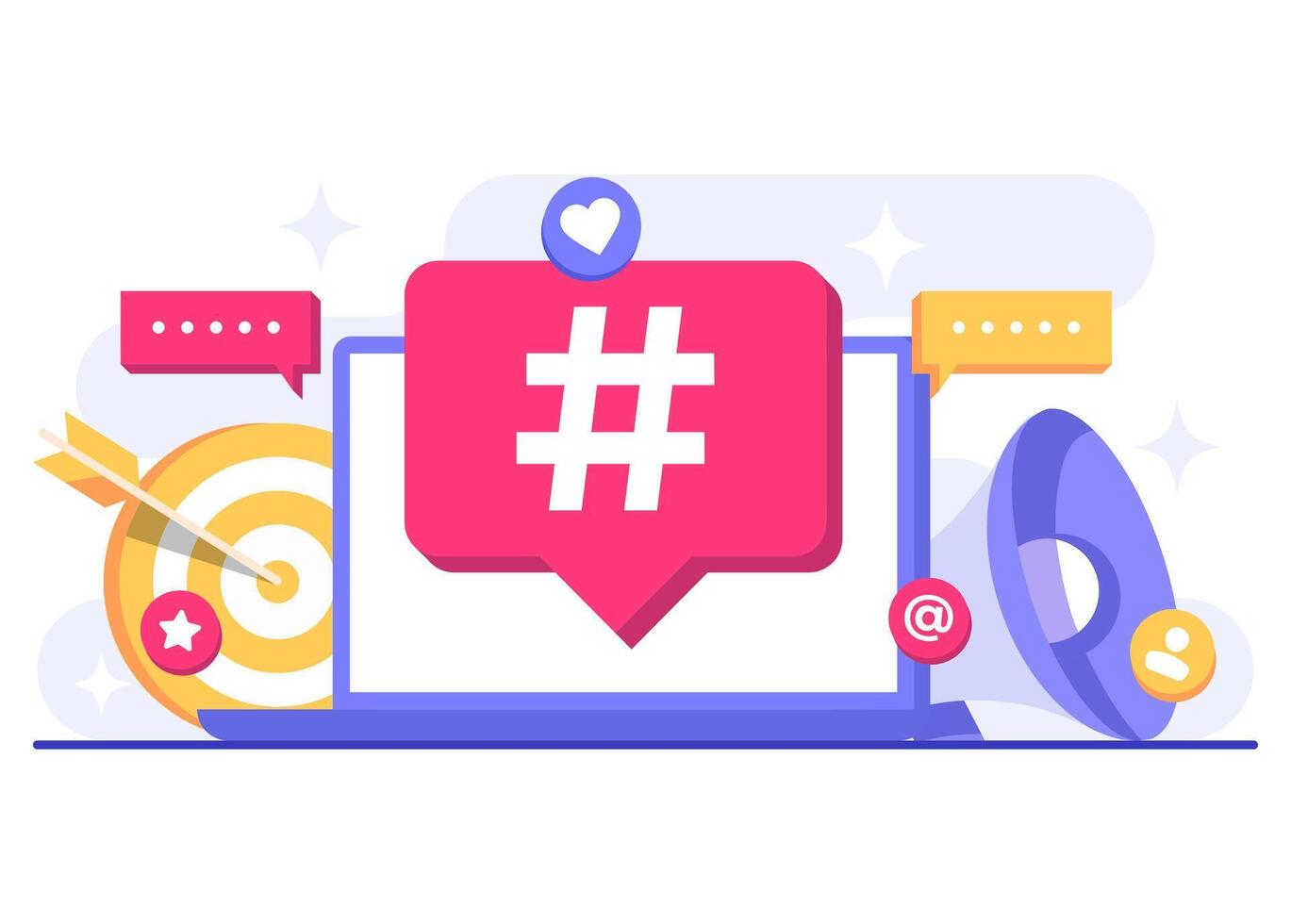 Hashtag-driven marketing on social media, Digital marketing campaign concept flat illustration, business content strategy, Digital AD campaign, online promotion, E-commerce vector
