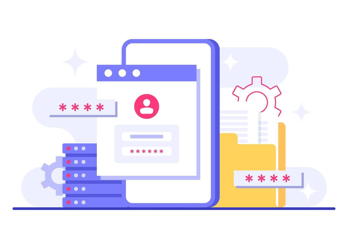 Access data securely with a password, Database protection, Cyber security, Data Center, File management, cloud storage, Privacy data protection flat illustration vector