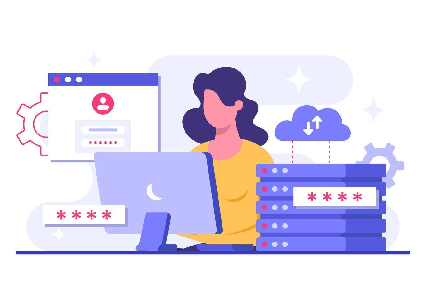 Software engineers ensure the security of data centers, Database protection, Cyber security, File management, cloud storage, Privacy data protection flat illustration vector