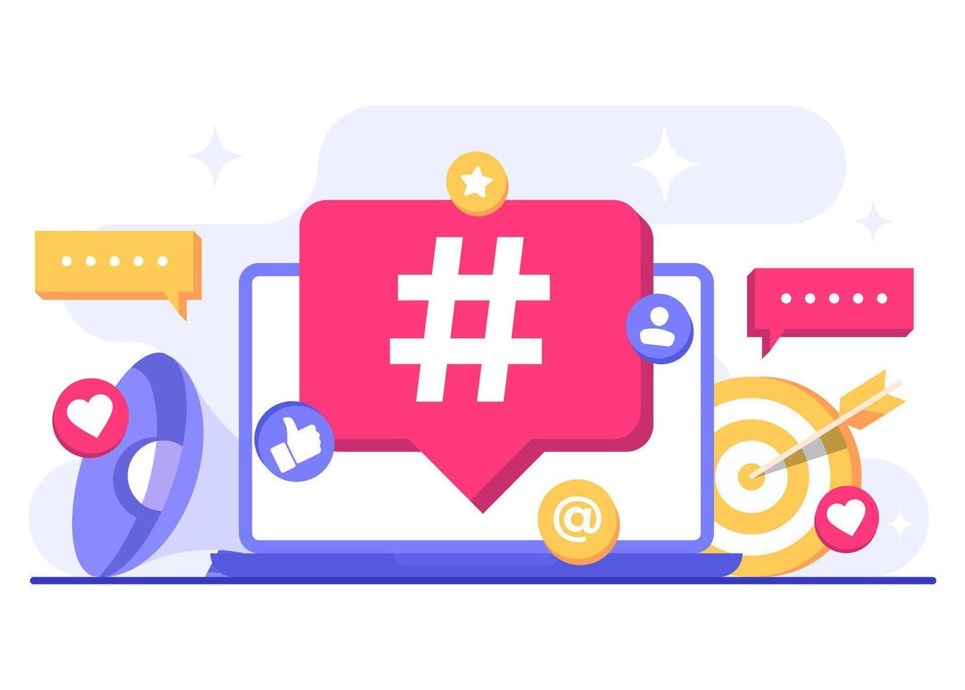 Campaigns powered by hashtags on social platforms, Social media marketing concept flat illustration, business content strategy, Hashtag marketing, Digital AD campaign, online promotion, E-commerce vector