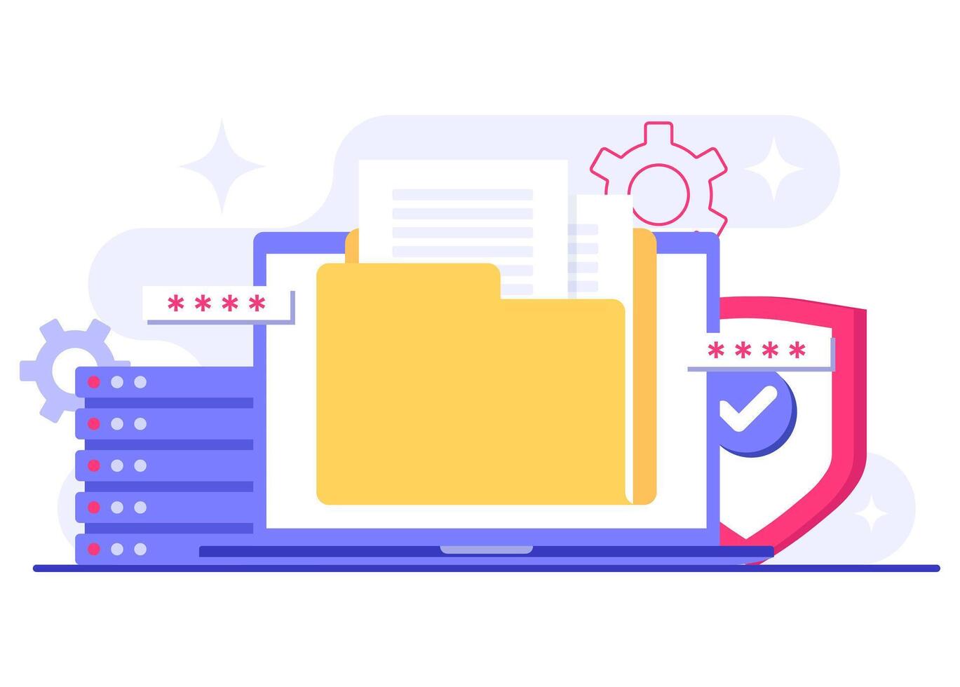 Data security and cybersecurity, File management, cloud storage, Privacy data protection flat illustration vector