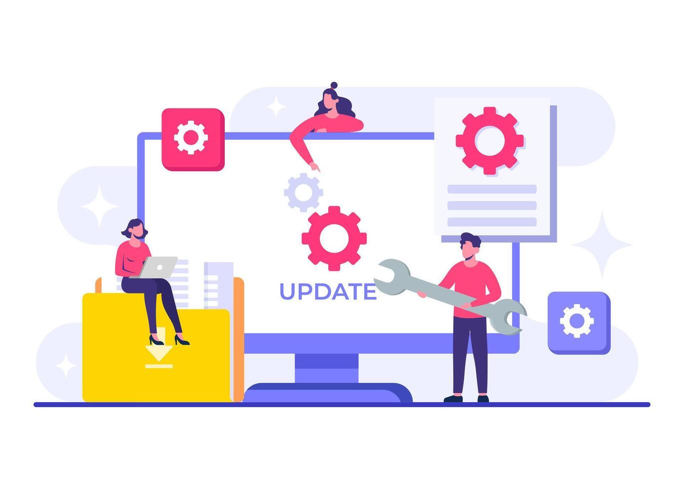 System optimization and maintenance flat illustration, People update operation system, Error, Fixing trouble, Device updating, Software system under maintenance, Software upgrade process on devices, vector