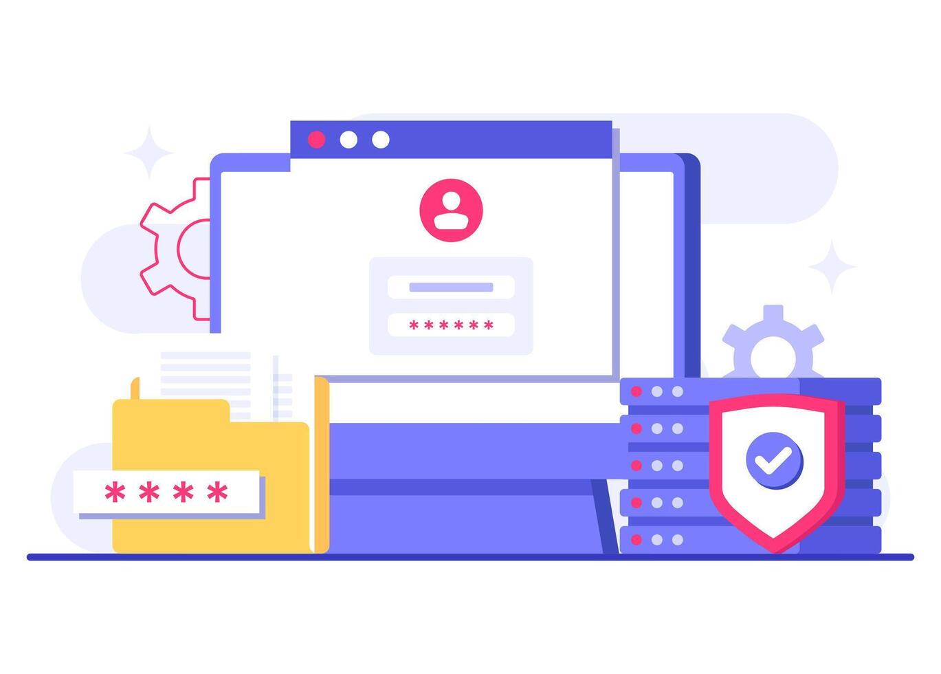 Protecting devices from cyber threats flat illustration, Database protection, Cyber security, Data Center, File management, cloud storage, Privacy data protection vector