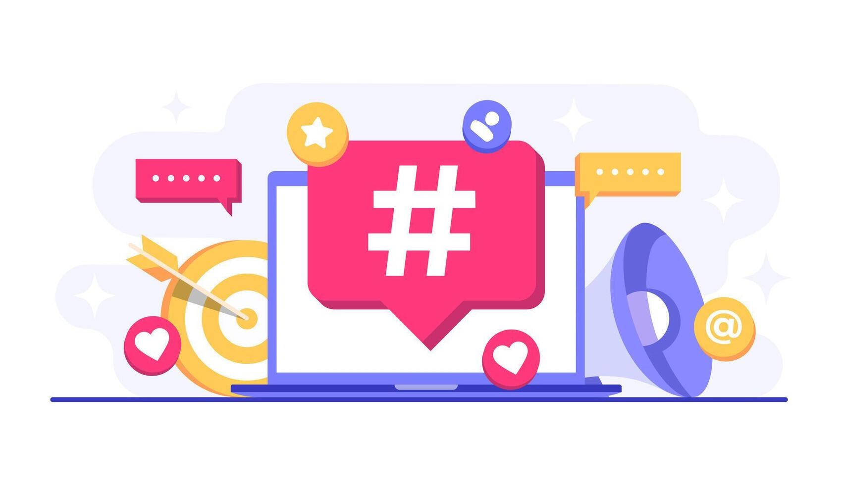 Social media marketing through targeted hashtags, Digital marketing concept flat illustration for web banner, mobile app, poster, business content strategy, AD campaign, online promotion, E-commerce vector