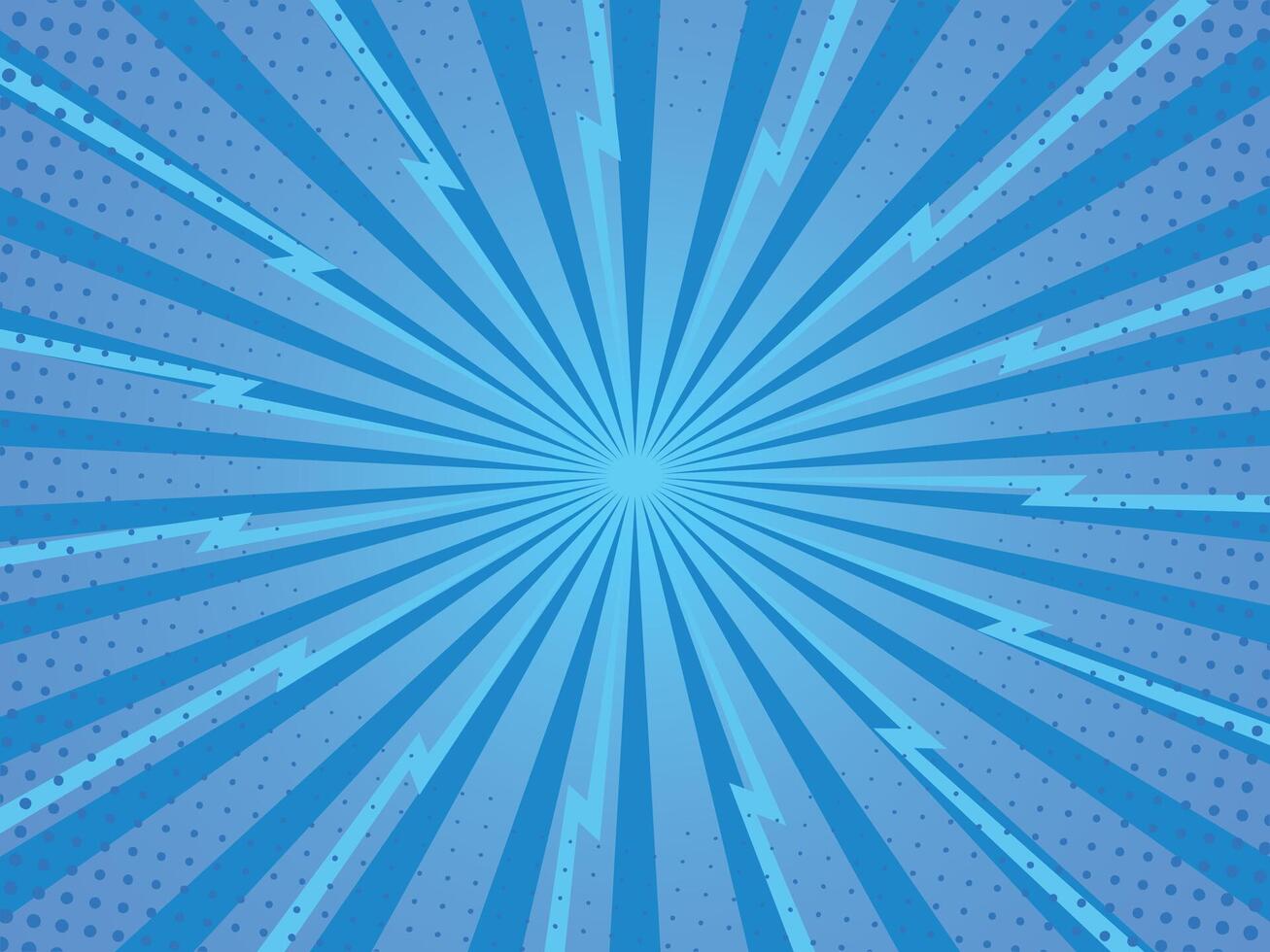 Pop art blue comics book, starburst and halftone background vector
