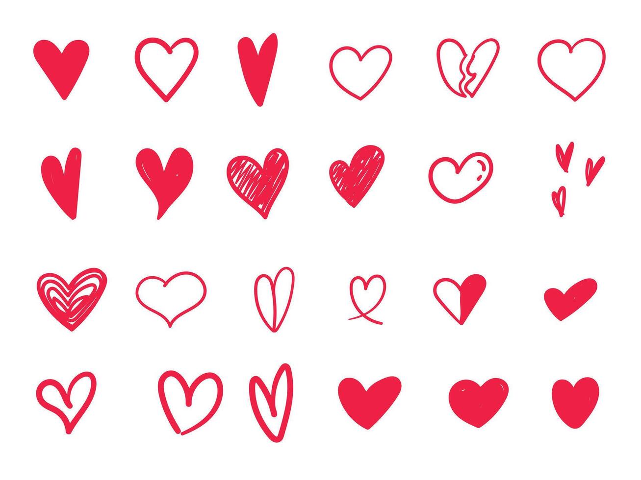 Set of red hearts hand drawn style, love icon, romance vector