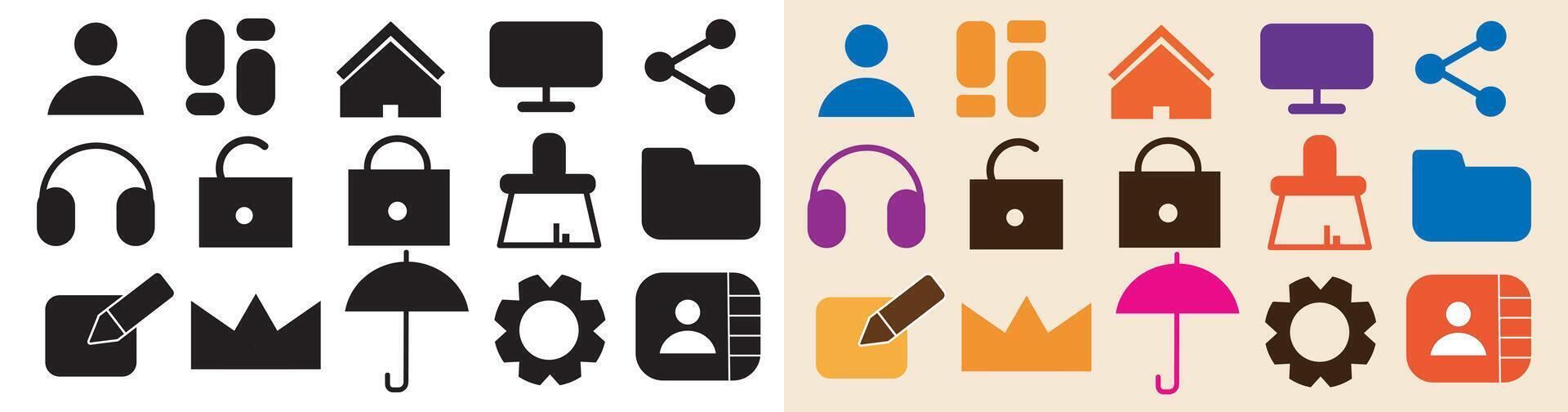 set of business icons on different types and color on white and cream background vector