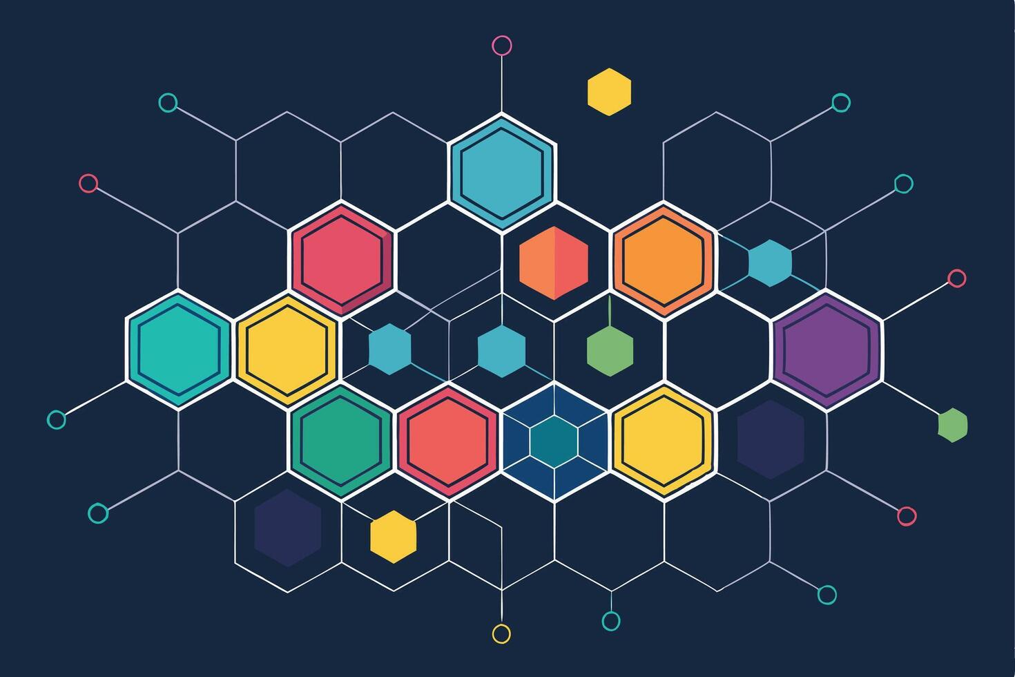 Abstract Hexagon Network Colorful Molecular Structure Design . vector