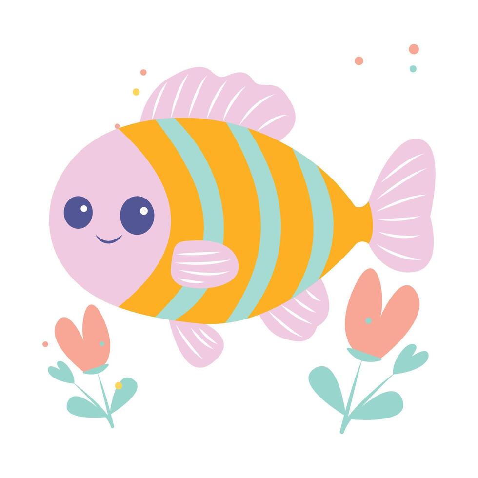 Cute Happy Colorful Fish Cartoon Character Swimming in the Sea with Flower vector