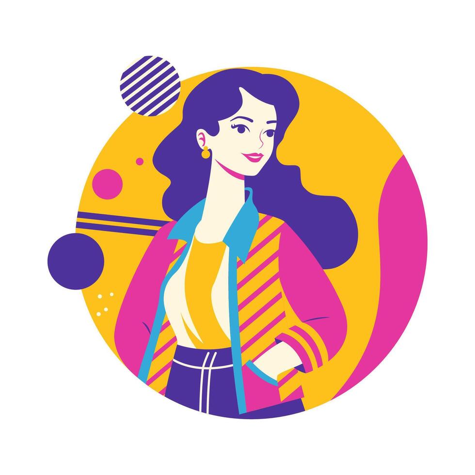 Smiling Girl Character Wearing Fashion Outfit in Retro Style with Memphis Decoration vector