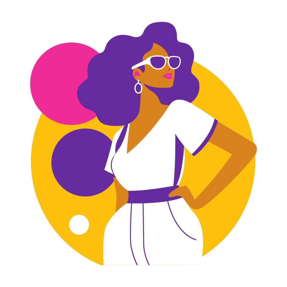 Beautiful Girl Character Wearing Sunglasses Fashion Pose in Retro Style with Memphis vector